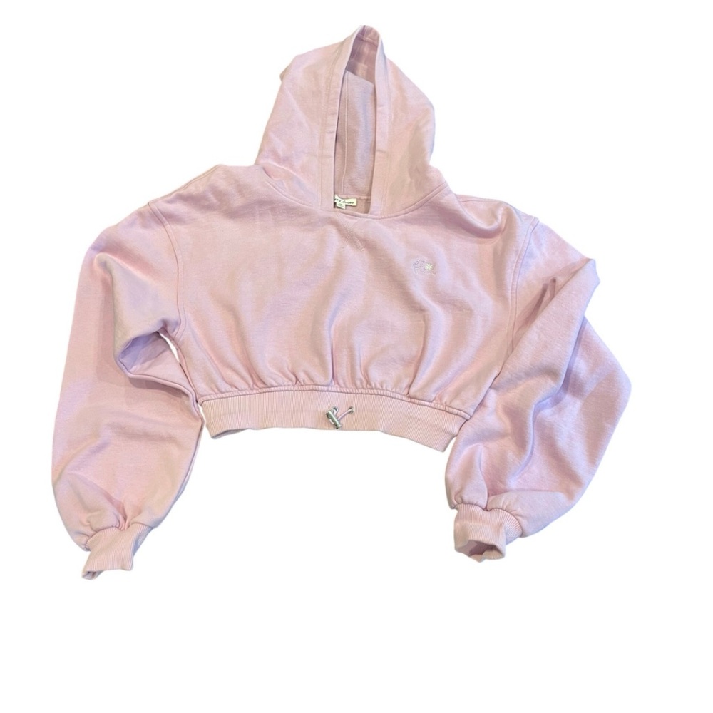 For Love & Lemons Pink Cropped Hoodie with Drawstring Hem – Size XS